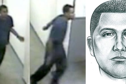 At left, surveillance photos of a man suspected of raping a woman at knife-point in her Washington Heights apartment building. At right, a sketch of a suspect wanted for an assault in Inwood Hill Park Friday night.